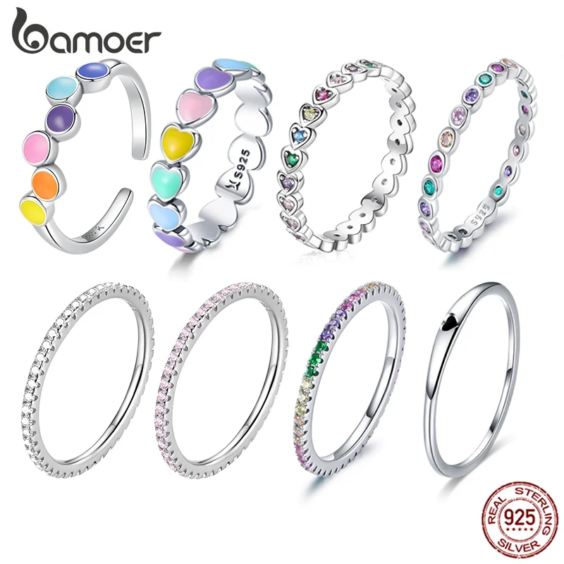 Bamoer New Fashion Rainbow Heart-Shape Silver Ring for Women Real 925 Sterling Silver Colorful Star Ring Fine All-Match Jewelry