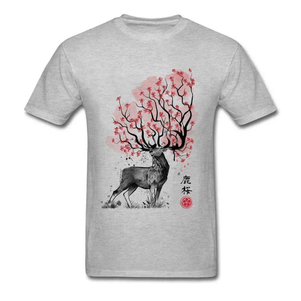 Sakura Deer Tee Shirt Men Tshirt Grey T-shirt Casual Top Shirts Cotton Fabric Spring Summer Clothes Art Design Woman Shirts