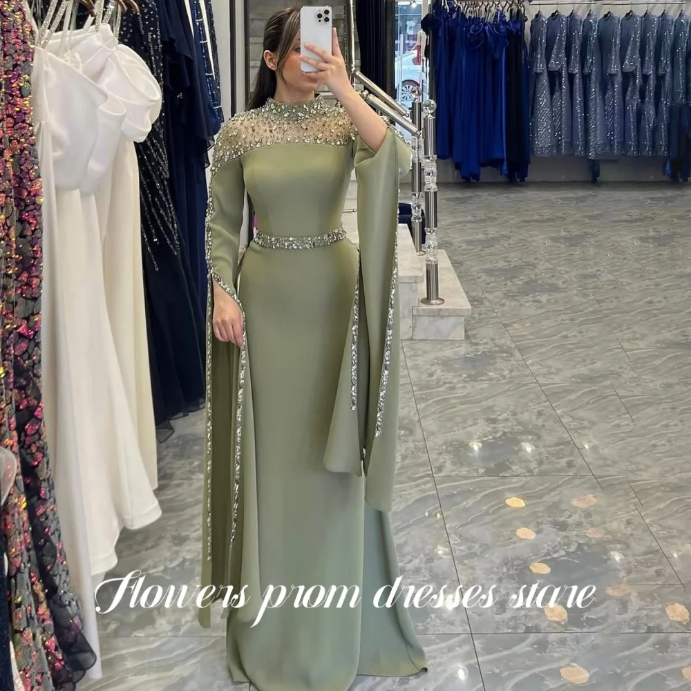 

Flowers Green Prom Dress Trumpet Party Dress Puffy Sleeve Evening Dress Sequin Chiffon Woman Dress فساتين مناسبة ر Customized