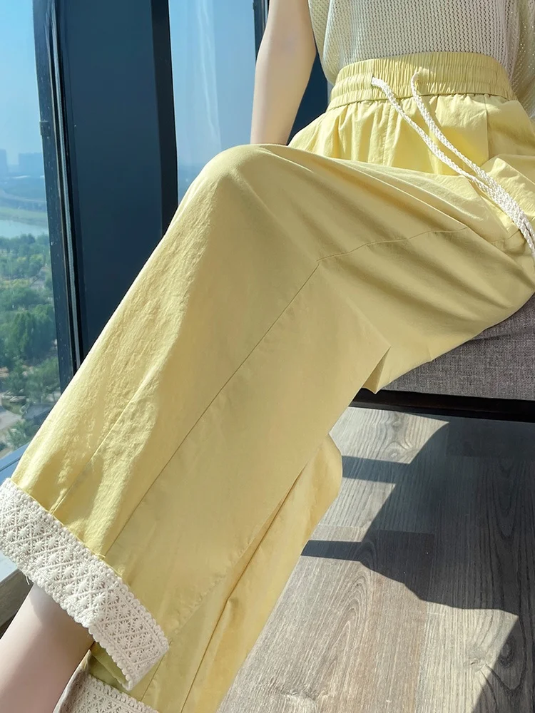 

Желтые спортивные брюки из ледяного шелка с высокой талией, прямые, укороченные, свободного кроя, летние, новые, повседневные, для женщин