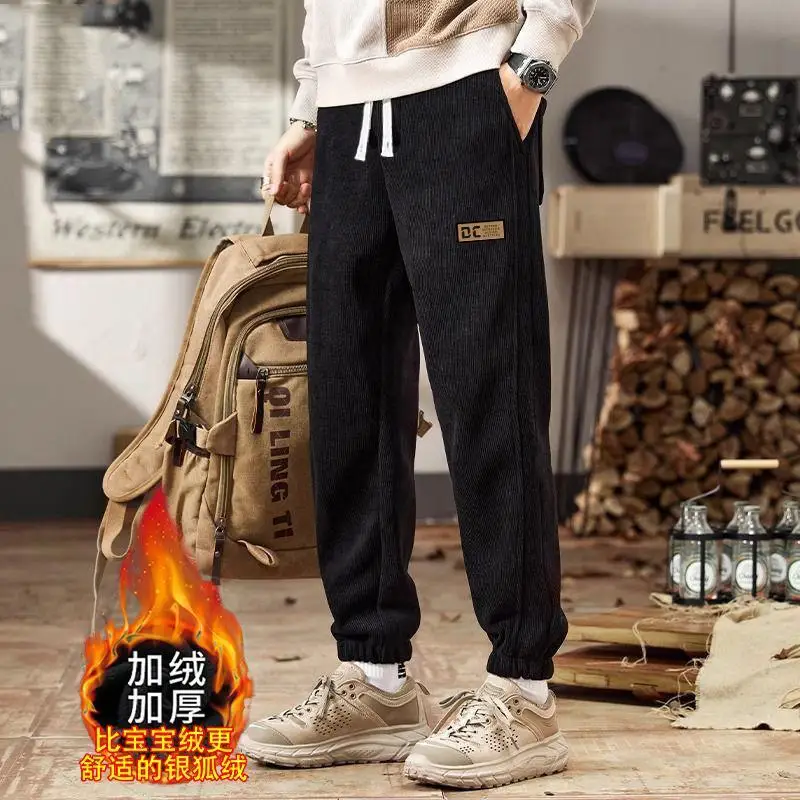 

Men's Autumn Winter Fleece Lined Thick Corduroy Warm Jogger Pants Korean Fashion Drawstring Elastic Waist Sweatpants