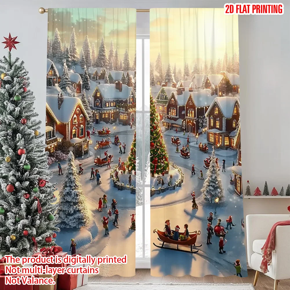 

2pcs 2D flat printing Christmas Window Drapes Winter Village Versatile Durable Polyester Without Electricity Spring Party &