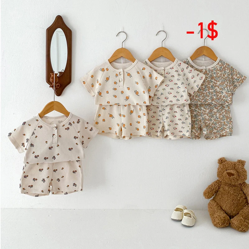 

MiniAinis Summer New Baby Waffle Short Sleeved T Shirt Shorts 2 Pieces Suit Boys Fruit Flower Pattern Clothing Set Girls Clothes