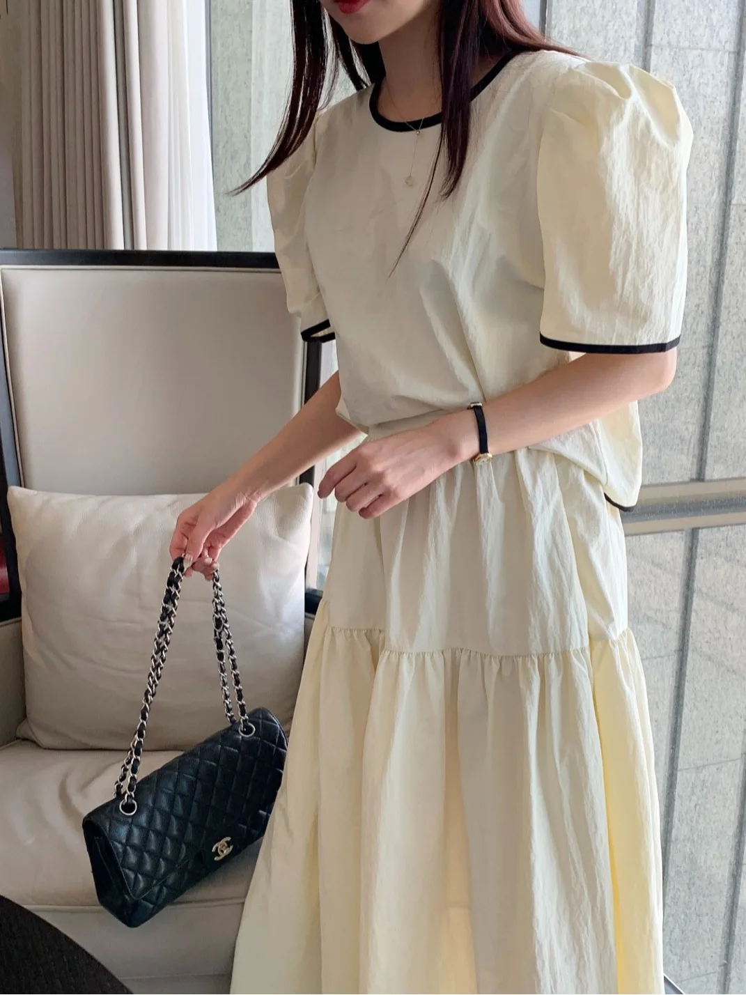 

Fashionable High Waist Bubble Sleeve Shirt Set Women's Slim Fit Half Body Skirt Long Dress Two Piece Set Gentle Color Collision