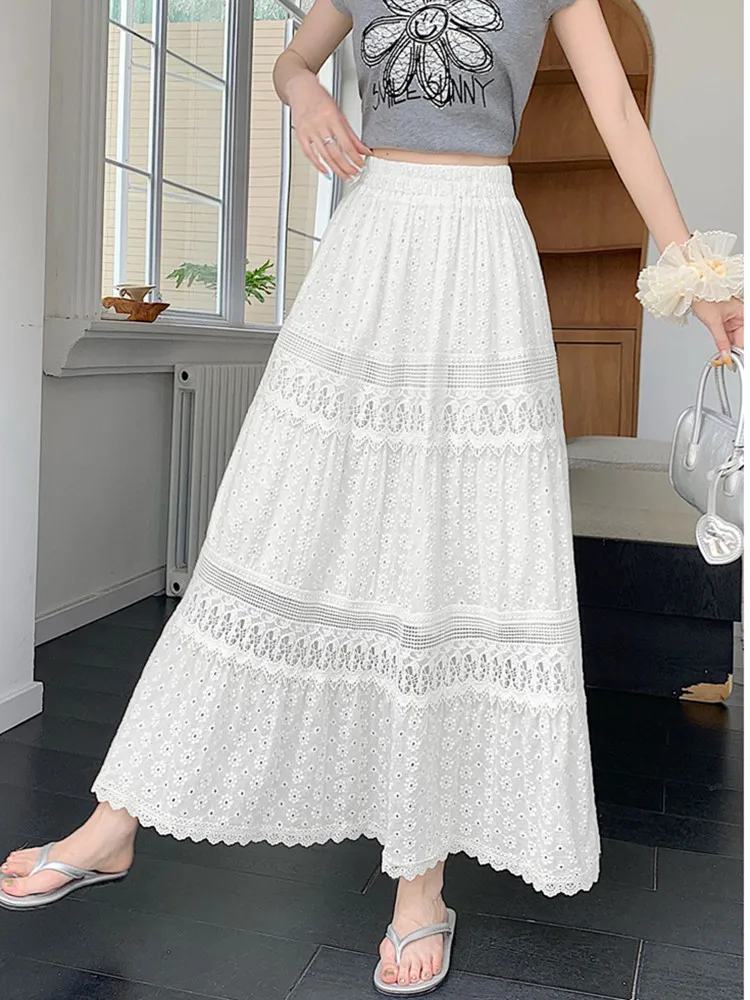 

High Quality Solid Lace Splice Cotton White Long Skirts Women's Elastic Waist Floral Embroidery Big Swing A-line Skirt