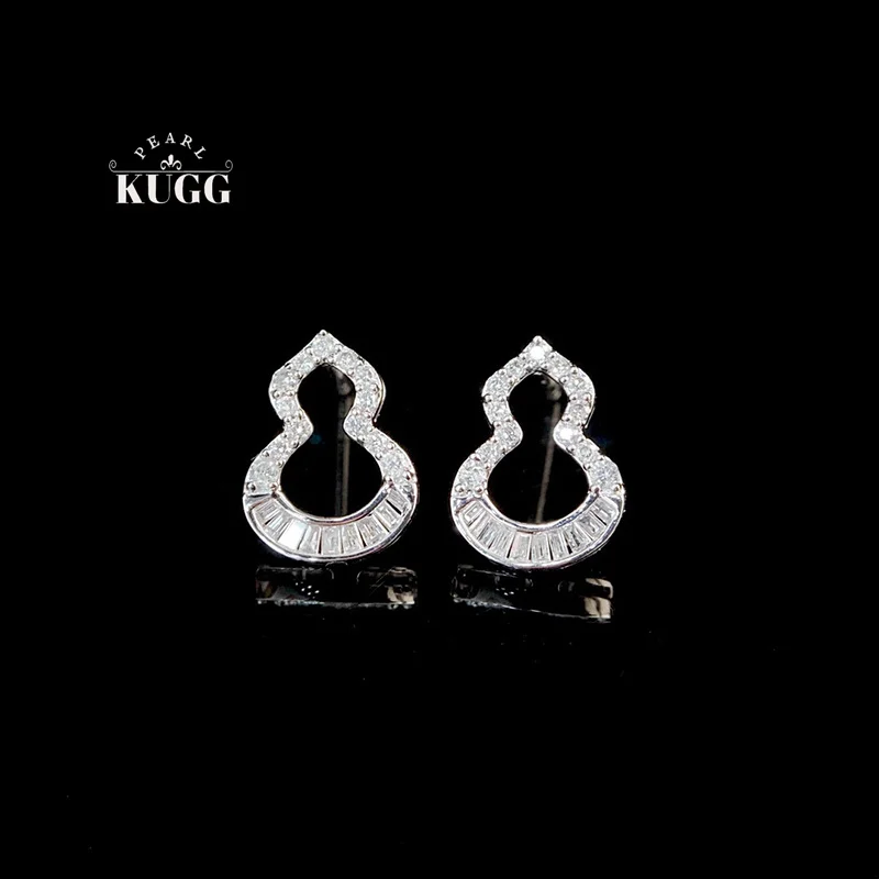 

KUGG 100% 18K White Gold Earrings Women Fashion Gourd Shape 0.40carat Real Natural Diamond Stud Earrings High Wedding Jewelry
