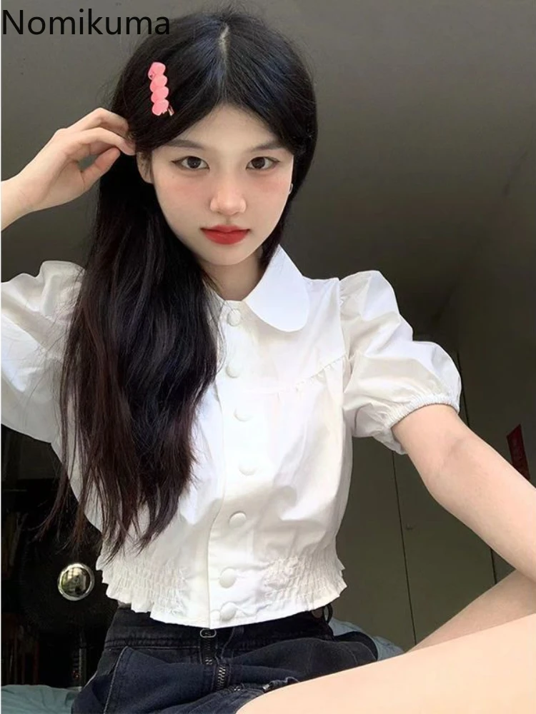 White Crop Tops Korean Blouses for Women Puff Sleeve Single Breasted Tunic Shirts 2024 Blusas Mujer De Moda Summer Sweet Blouse