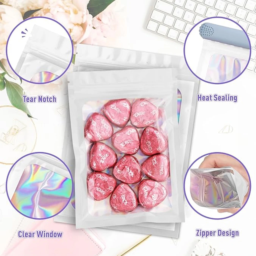 10-1000Pcs Holographic Ziplock Bag Black Plastic Laser Iridescent Zip Gift Bags for Manicure Eyelash Ring Jewelry Food Storage - view 6