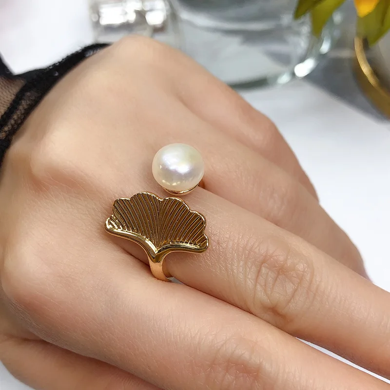 white  Freshwater pearl 8-9mm Ring pearl leaf ring