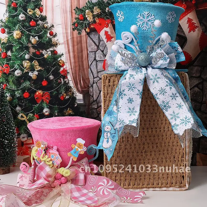 

New Christmas Tree Top Hat Compressible Folding Bow Pink Gingerbread Man Hat Christmas Tree Top Star Decoration