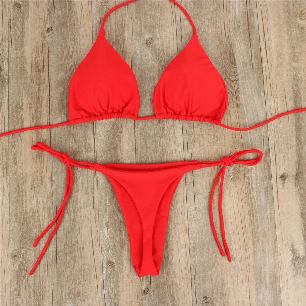 Set Bikini Thong seksi dasi wanita pakaian renang samping gaya perban pakaian renang Brasil Set baju renang wanita polos dapat disesuaikan tali belahan