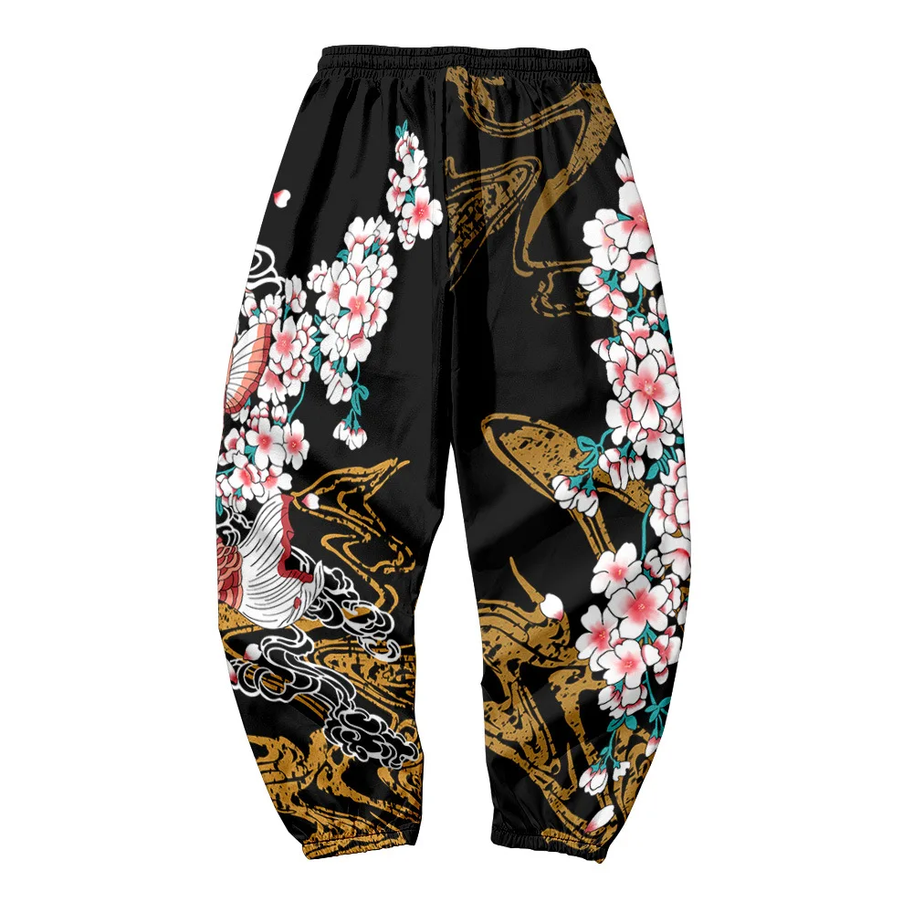 Japanese Style Fish Sakura Print Sweatpants Men Multi Pocket Long Cargo Pant Harajuku Jogger Trousers Streetwear Pants