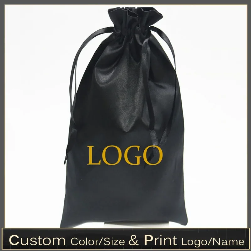 50PCS Luxury Black Satin Bags Packaging Hair Wig Extension Gift Bag Custom Logo Drawstring Bags 18x30/30x40cm Storage Pouch