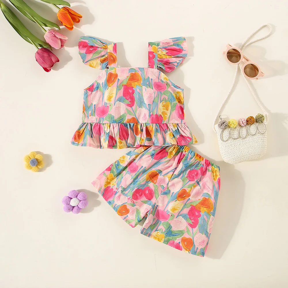 2/piece summer baby girl suspender top+shorts girl cartoon tulip print small flying sleeve suspender top