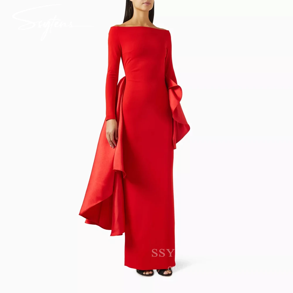 

SSYTENS Elegant Red Prom Dresses O Neck Long Sleeves Mermaid Evening Dresses Satin Formal Occasions Party Gowns Dubai Customized