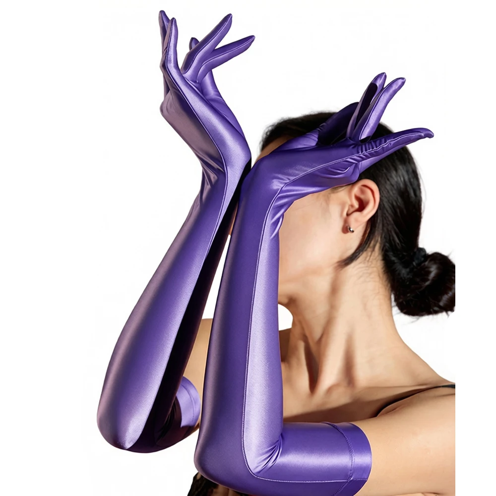 

Women Stain Smooth Five Finger Long Gloves Oil Shiny Glossy Sun Protection Glove Elastic Party Wedding Luxury Silky Maid Glove