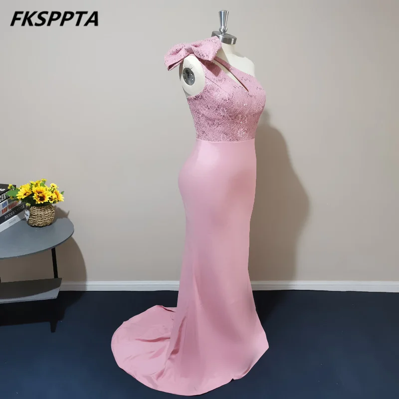 Long Mermaid Evening Dress With Bow Lace Top One Shoulder Backless Sexy Prom Wedding Party Gowns Custom Made Robe De Soiree