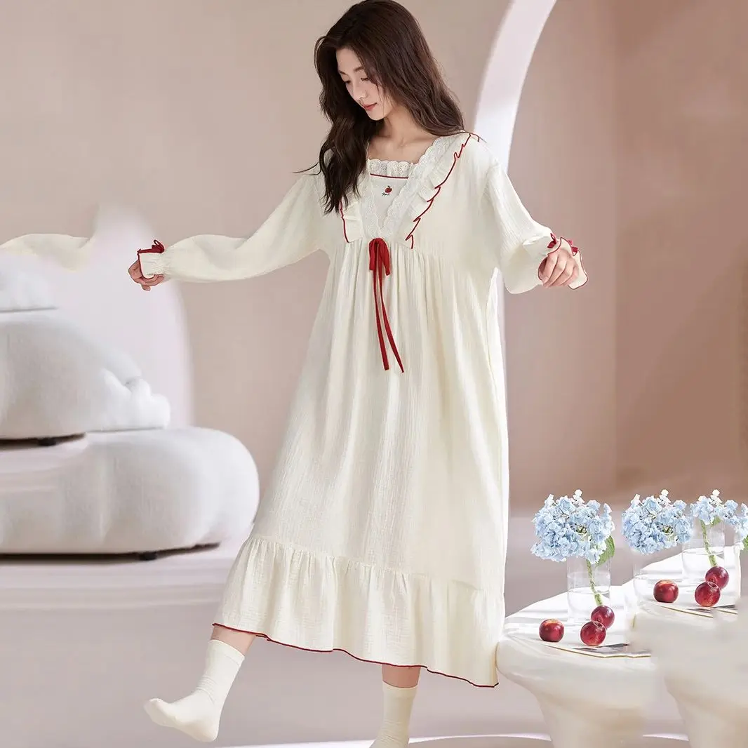 Women's Sleeping Skirt Spring Autumn Long Sleeve Ruffle Soft Pajama 2026 New Loose Sweet Princess Style Medium length Dress