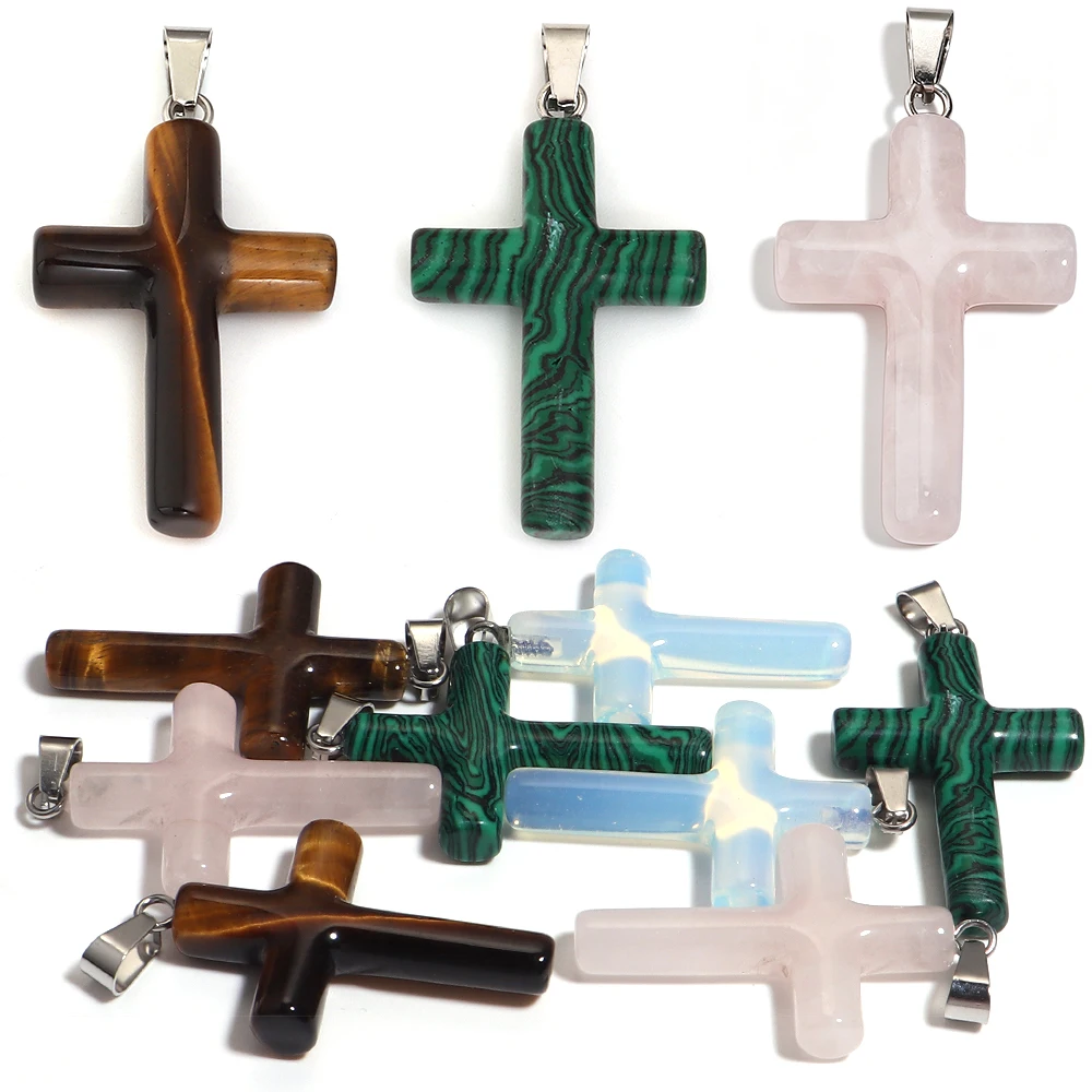 1PC Natural Stone Cross Shape Charms Crystal Tiger Eye Pendants For Men Women DIY Gift Necklace Jewelry Making Accessories