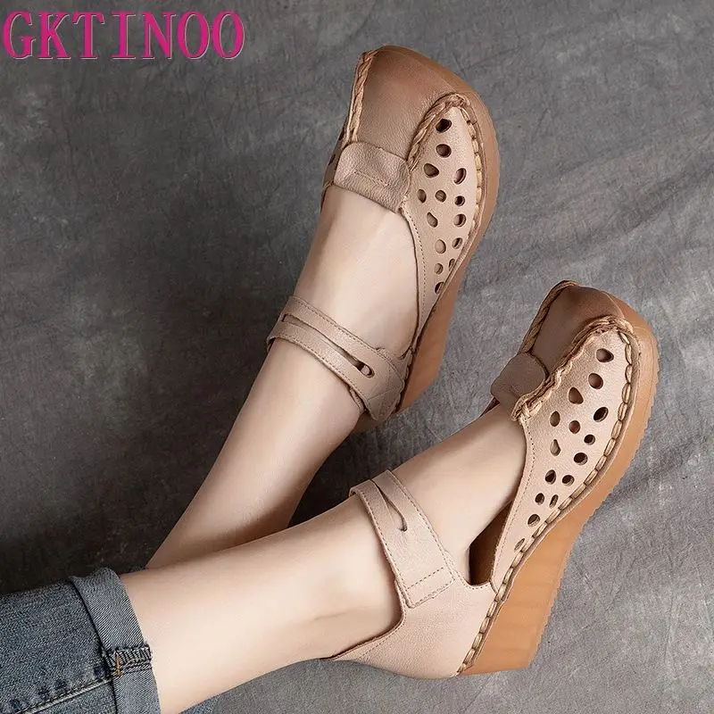 GKTINOO 2024 New Fashion Square Toe Hollow Genuine Leather Sandals Roman Shoes Breathable Sandals Flat Wedges Women Sandals