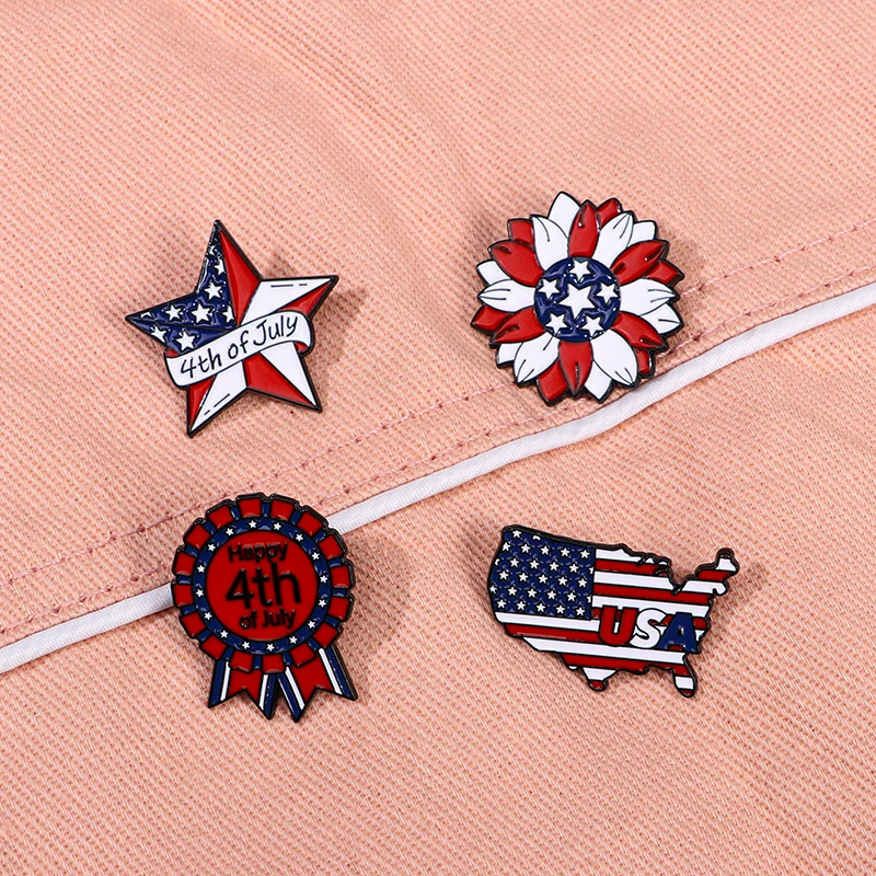 American Flag Elements Star Flower Medal Map Enamel Pins Happy 4TH Of July Brooches