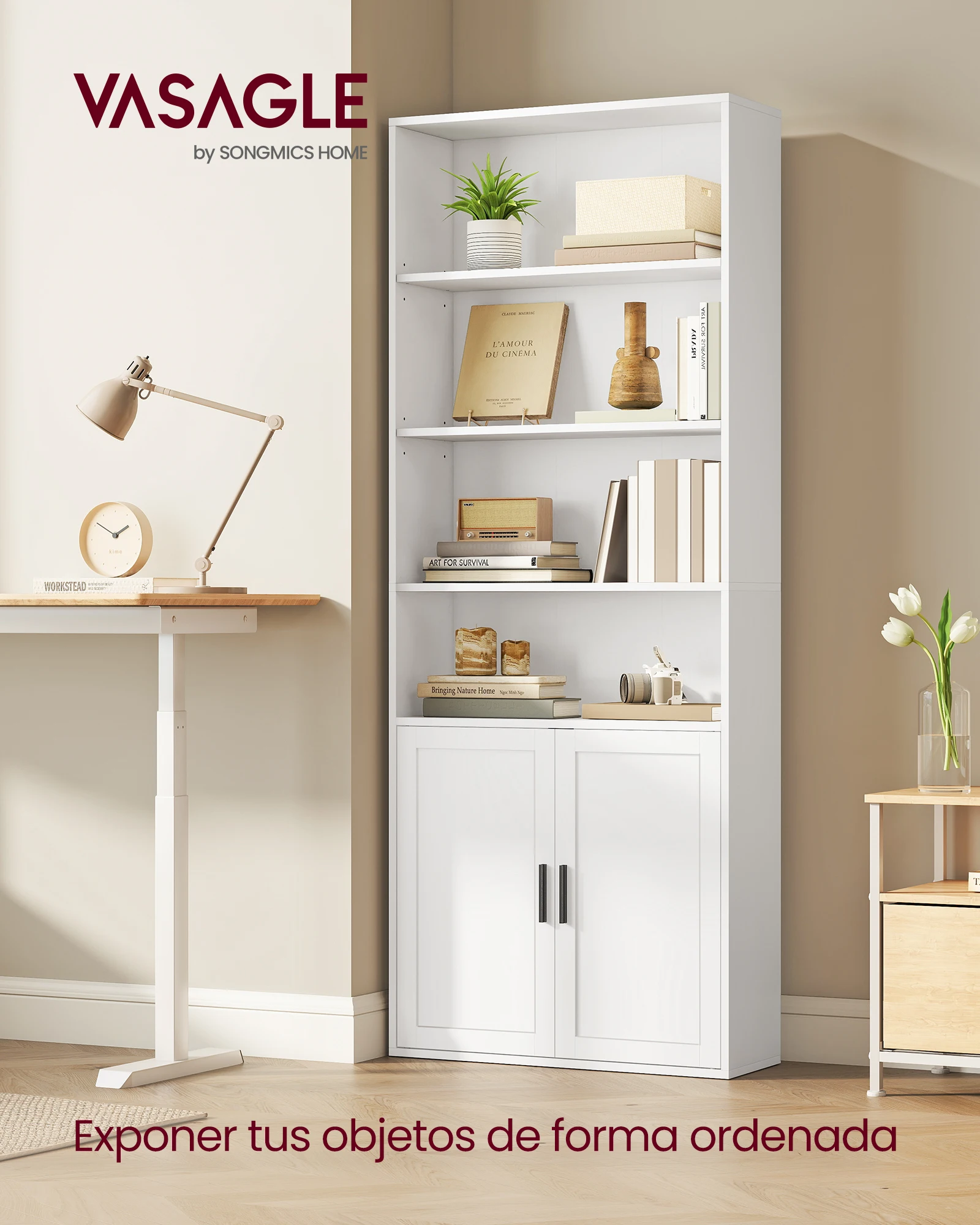 VASAGLE Librería, Estantería Vertical de 6 Niveles, con Puertas, 24 x 60 x 175 cm, para Salón, Estudio, Oficina, Comedor, Blanco Nube