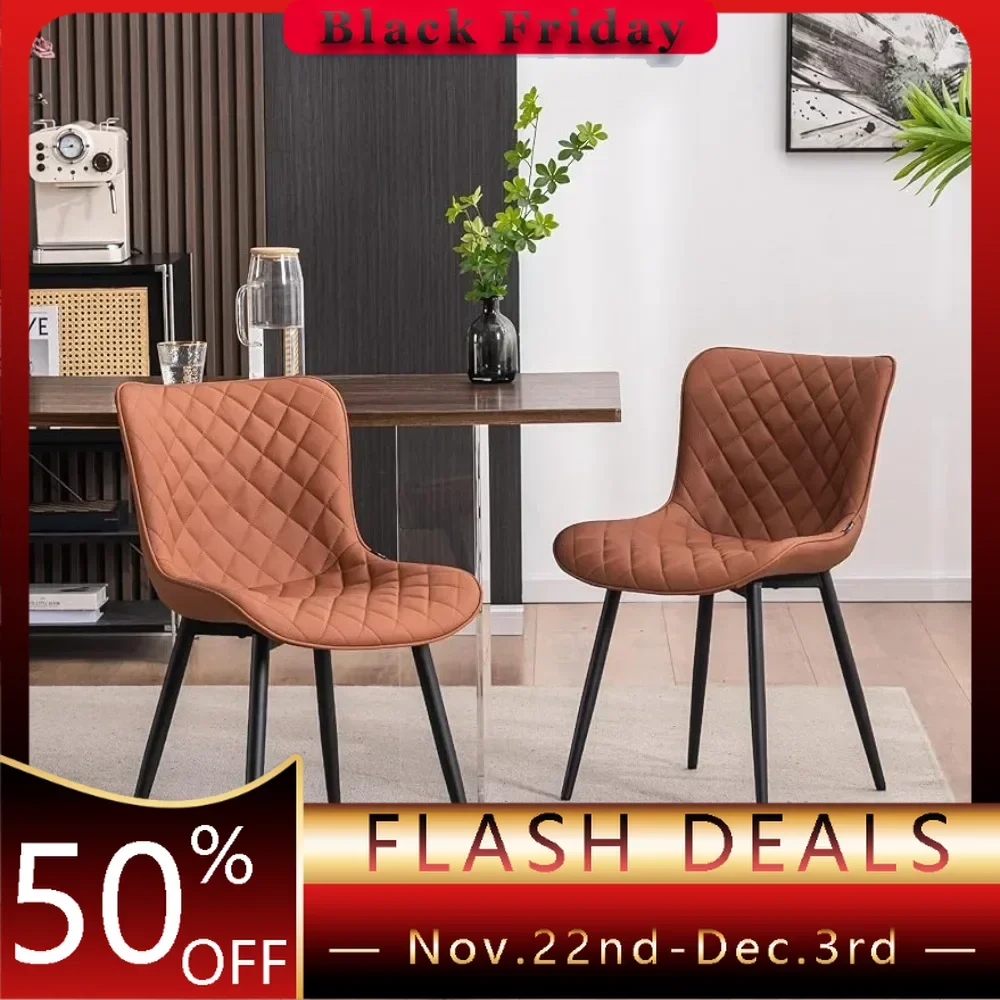 Coffee Brown Dining Chairs Set of 2 Mid Century Modern PU Leather Diamond Upholstered Accent Guest Dinner Chair with Back Metal