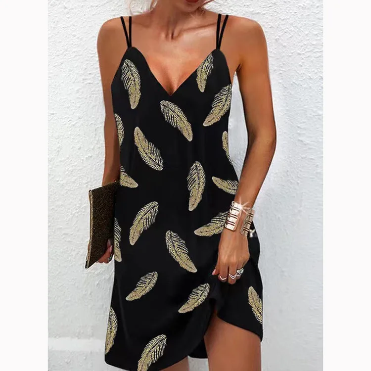 Summer Printed Beach Spaghetti Dress For Women\'s Fashion Sexy V Neck Plus Size S-5XL Loose Sleeveless Casual Female Vestidos