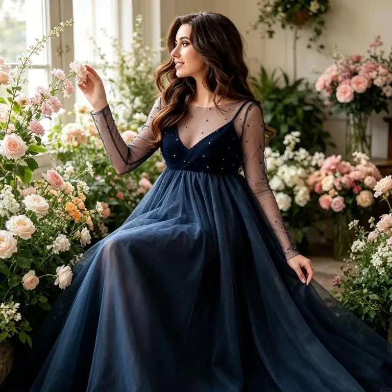 XXFE Fashionable Mesh Insert Maternity Dress In Acrylic Loose Fit Pregnancy Gown For Photoshoots And Party Wear view 5