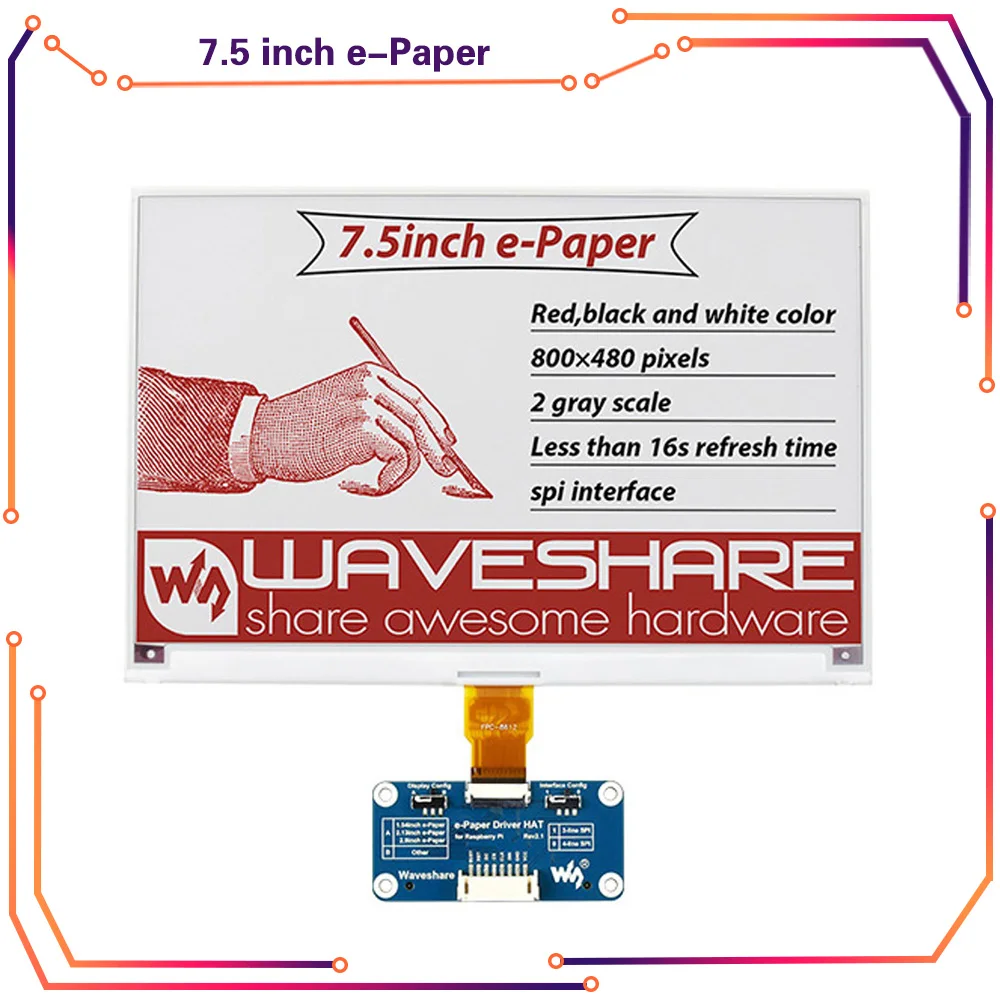 

7.5 inch SPI 3-Color Epaper Eink E-paper E-ink Display Screen Module HAT Kit for Raspberry Pi 4B/3B+/3B/Zero Jetson Nano Arduino