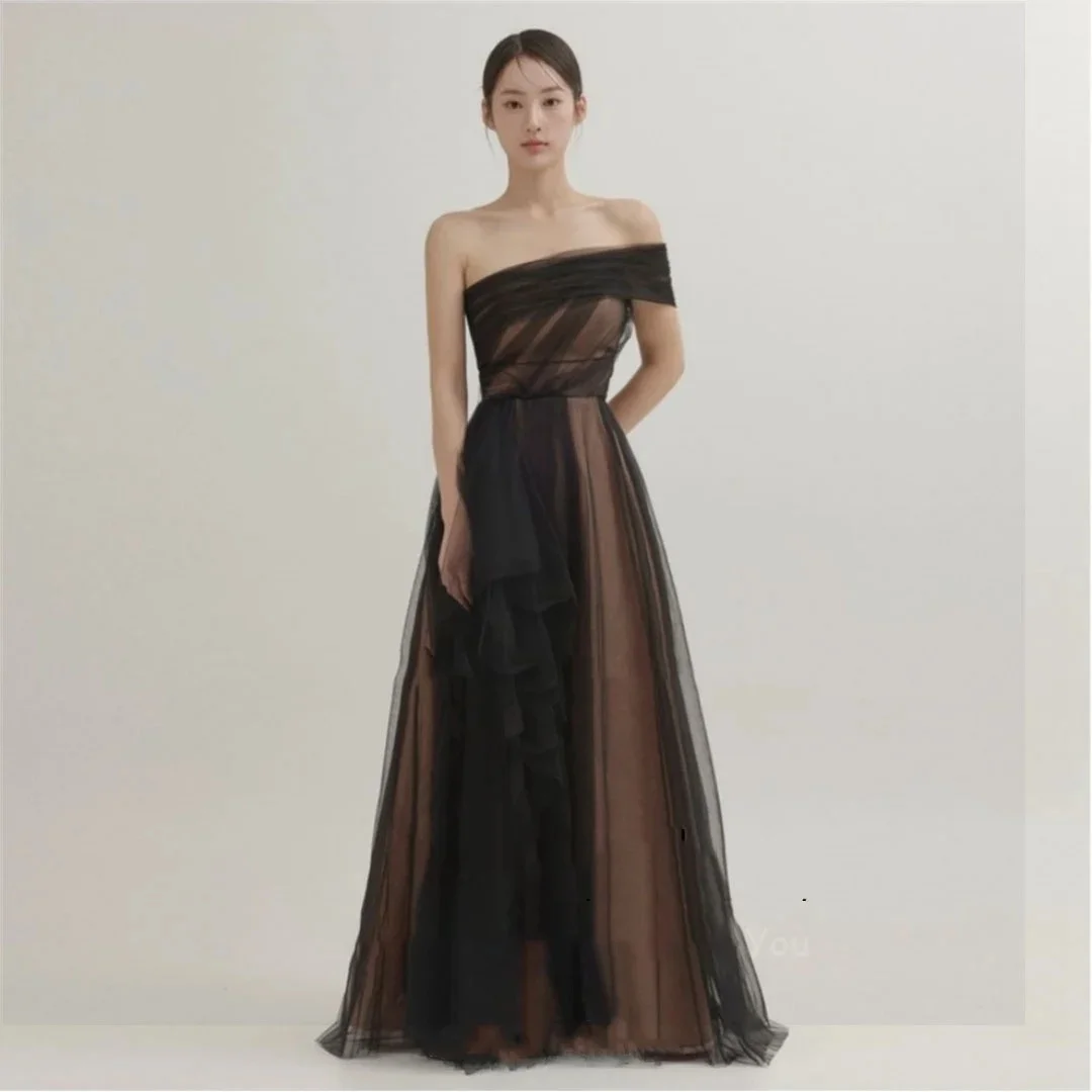 Elegante personalizado simples preto praia coreia senhora vestidos de baile tule um ombro até o chão vestido de noite formal 이!...tzo