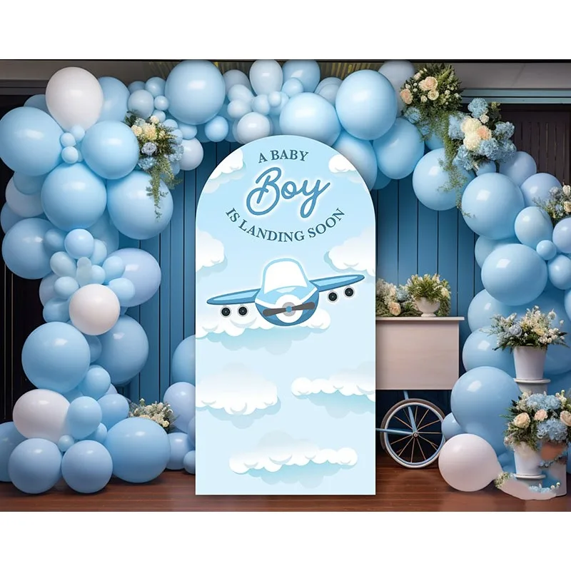 Mehofond Custom 2-Sided Plane Arriving Soon Airplane Girl Birthday Party Baby Shower Cover Chiara Arch Decor Backdrop Photo Stud