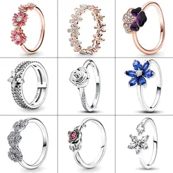 Srebrny pierścionek 925 Rose in Bloom Ring Pink Daisy Flower Ring Blue Herbarium Cluster Ring Europe Ring Women Gift Fine Jewelry DIY