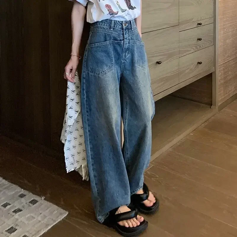 

Pop High Waist Wide Leg Denim Jeans Women Loose Floor Length Trousers Pocket Design Chic Style Divided Cargo Pants