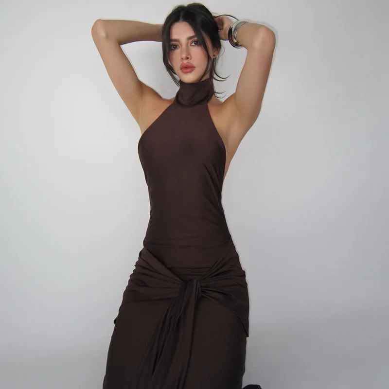Primavera nueva corbata de cuello redondo para mujeres temperamento Sexy chica caliente moda espalda descubierta vestido largo ajustado