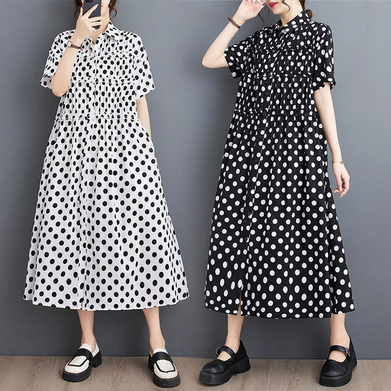 #3484 Black White Polka Dot Printed A-line Shirt Dress Short Sleeve Loose Pockets Vintage Office Midi Dress Female Vestidos Thin