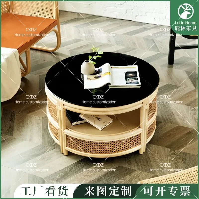 Round Rattan Storage Coffee Table Set with Chair Natural Indonesia Rattan Living Room Furniture Light Luxury Home Decor