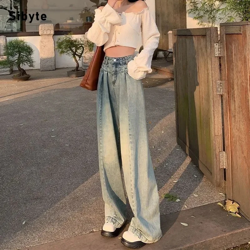 Zoki Vintage Light Blue Denim Wide Leg Pants Women Autumn High Waist Korean Loose Straight Jeans New Winter Streetwear Trousers