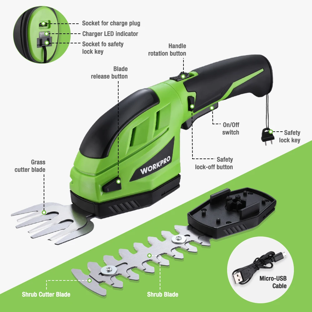 WORKPRO 3.6V Cordless Hedge Trimmer Grass Shear Electric Shrubbery Cutter Portable Cutter Trimmer 2 in1 Rechargeable Garden Tool