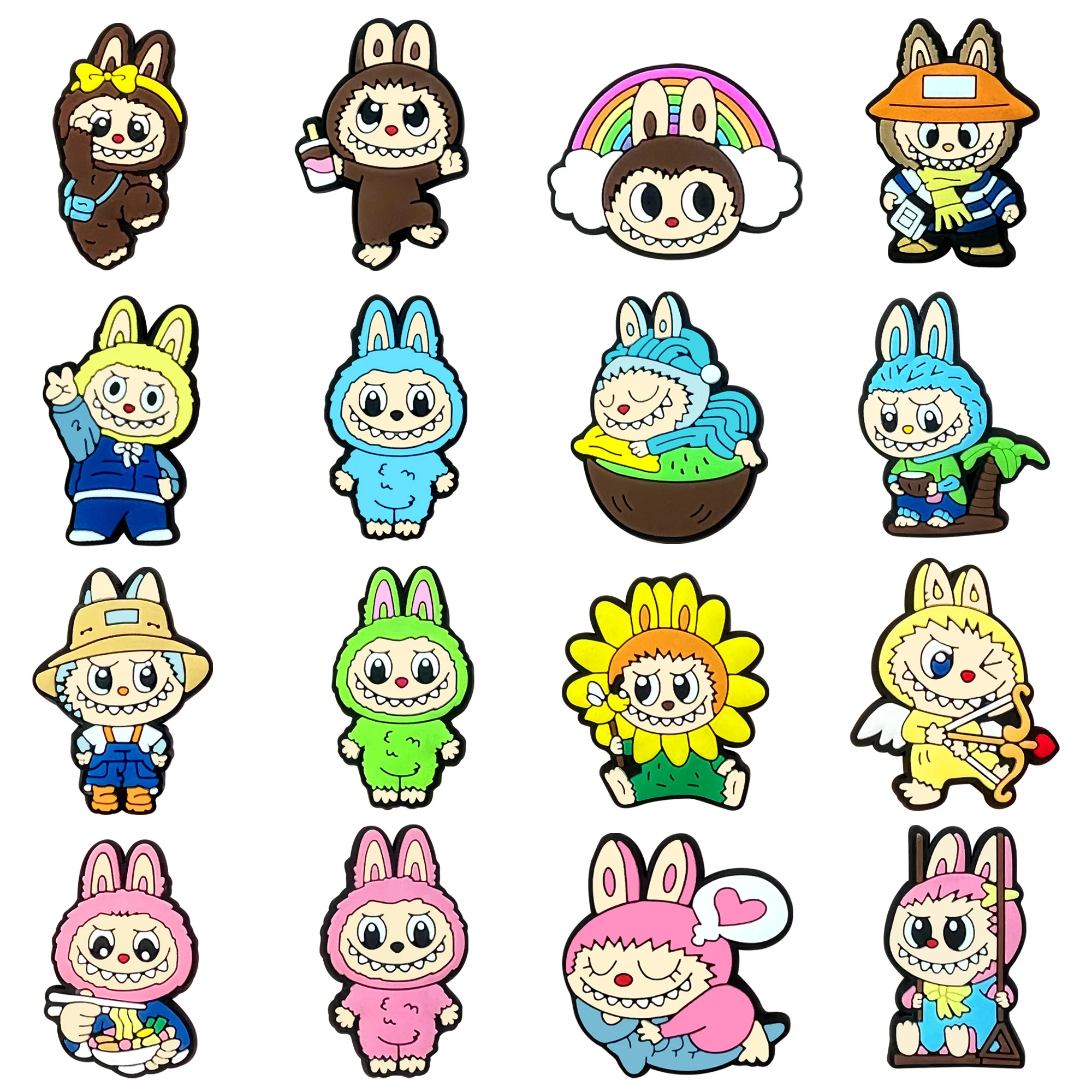 

1-16PCS MINISO Labubu Cartoon Shoe Charms Cute PVC Shoe&Wrist Strap Accessories for Sandals, Kids Fashion Decor, Friendship Gift