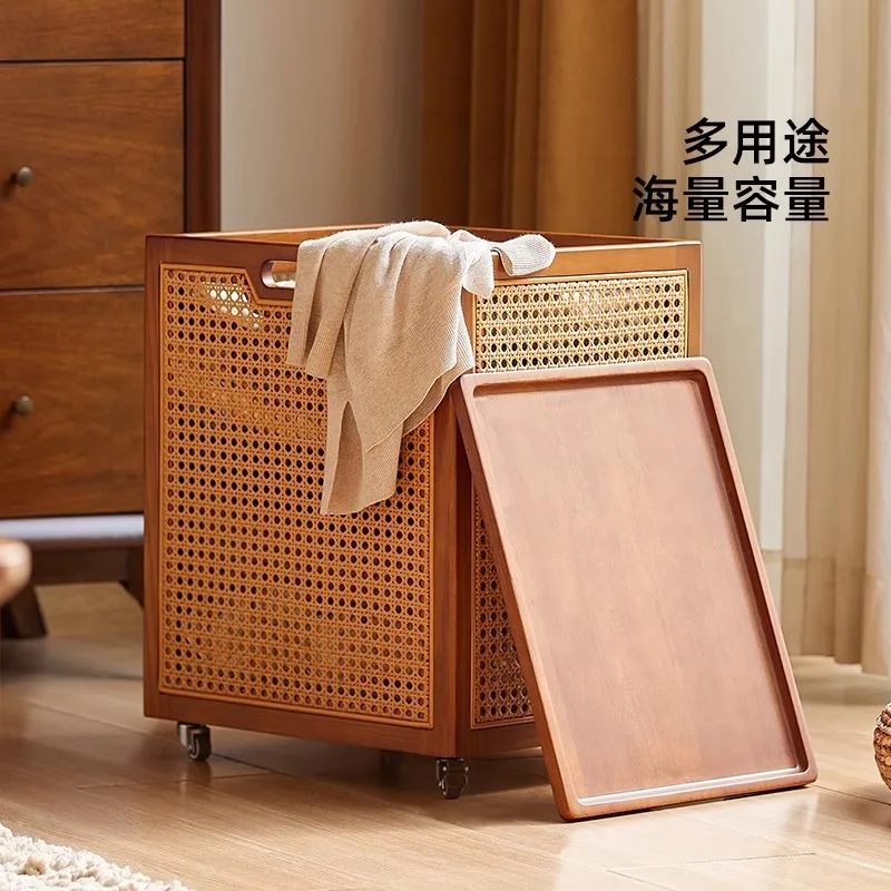 Rattan storage basket Woven snack basket Household with lid Large capacity with wheel Clothing sundries Plush toy storage basket