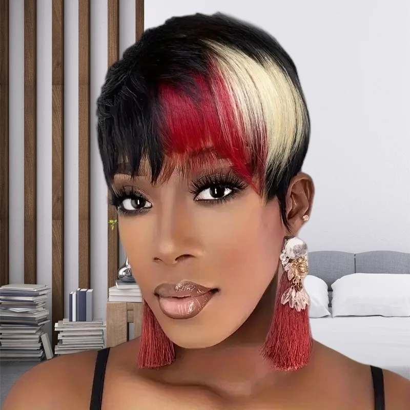 1B/퍼플 컬러 인간의 머리 가발 짧은 레이어드 픽시 컷 짧은 매일 파티 사용 여성용 기계 제작