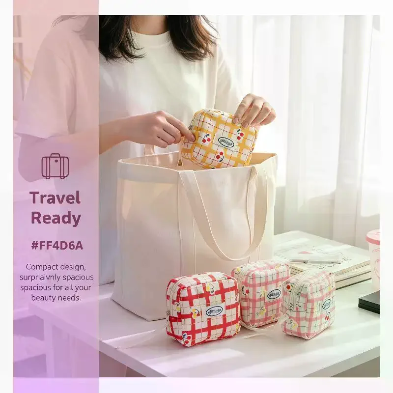 Korean Large Plaid Cosmetic Bag High Value Small Cherry Sanitary Napkin Bag Portable Mini Storage Bag Bluetooth Headset Bag