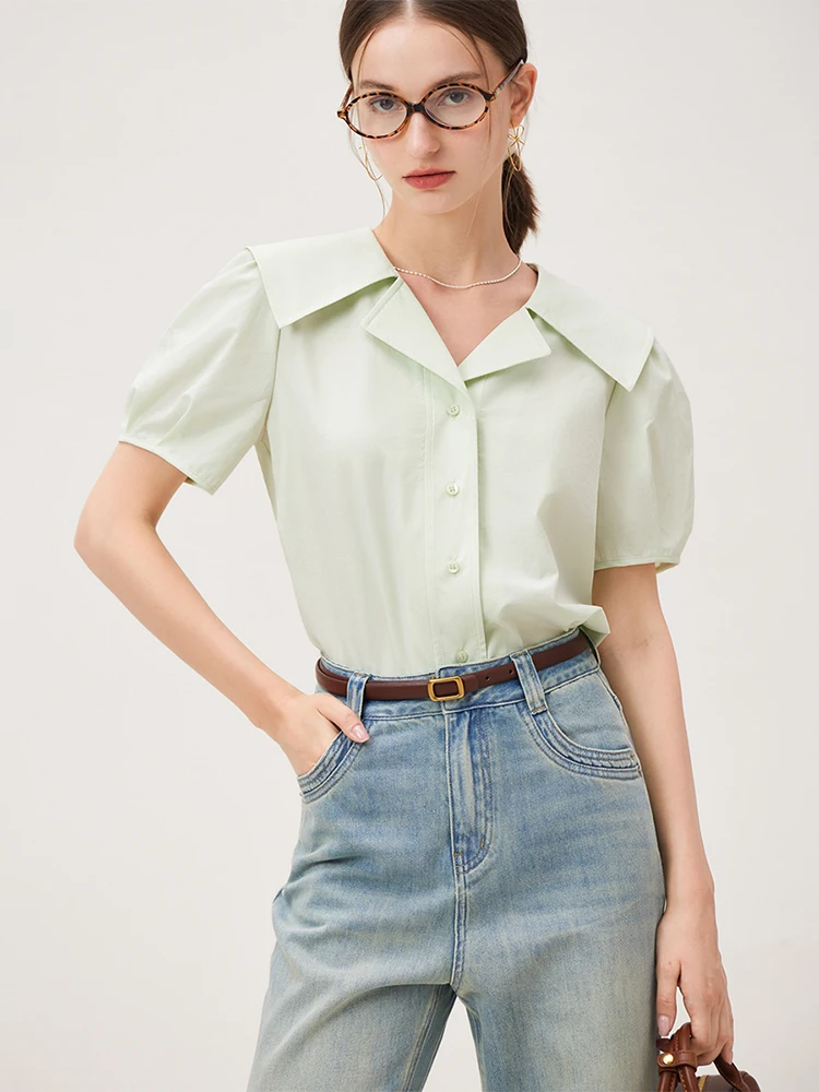 FSLE Summer Light Blue Short Sleeve Blouses Sailor Collar Female Cotton Short Shirts Korean Style Beige Straight Shirt 24FS12956