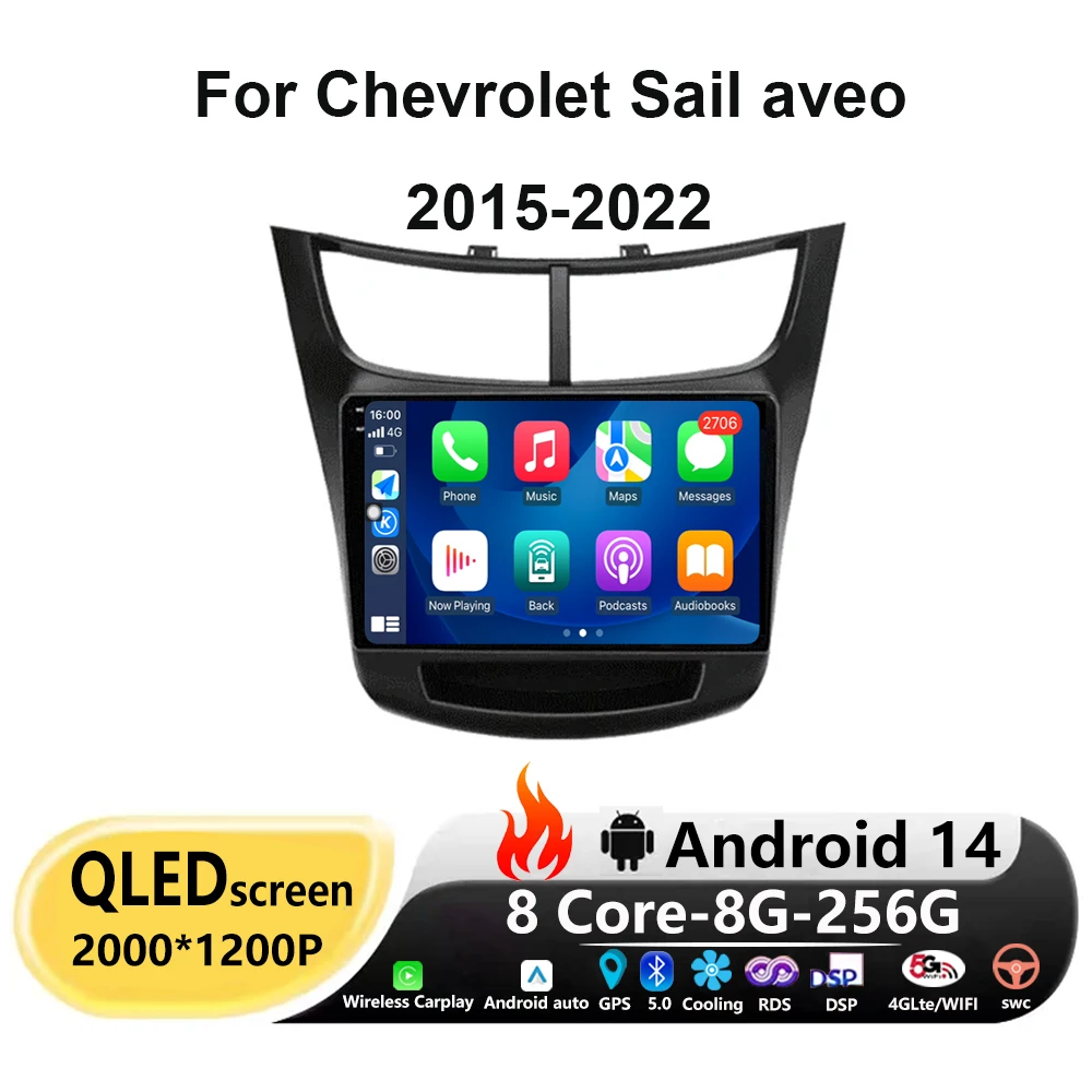 

Car Radio Stereo Player Video Navigation Android 14 For Chevrolet Sail aveo 2015-2022 Carplay Auto 360 camera 4G WiFi DSP GPS