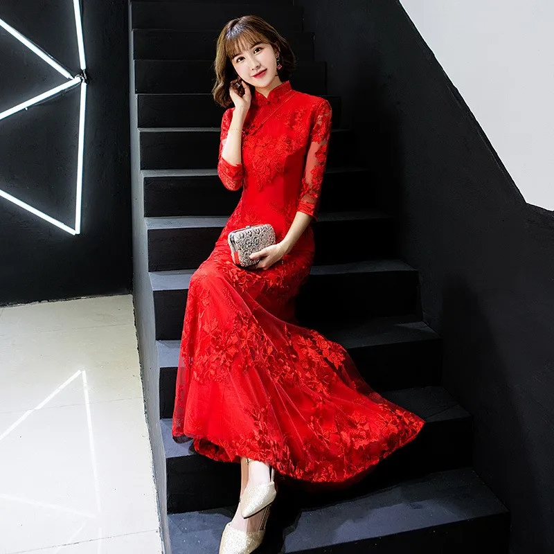

Fish-tail toasting dress cheongsam long-sleeved women elegant long wedding evening Chinese style