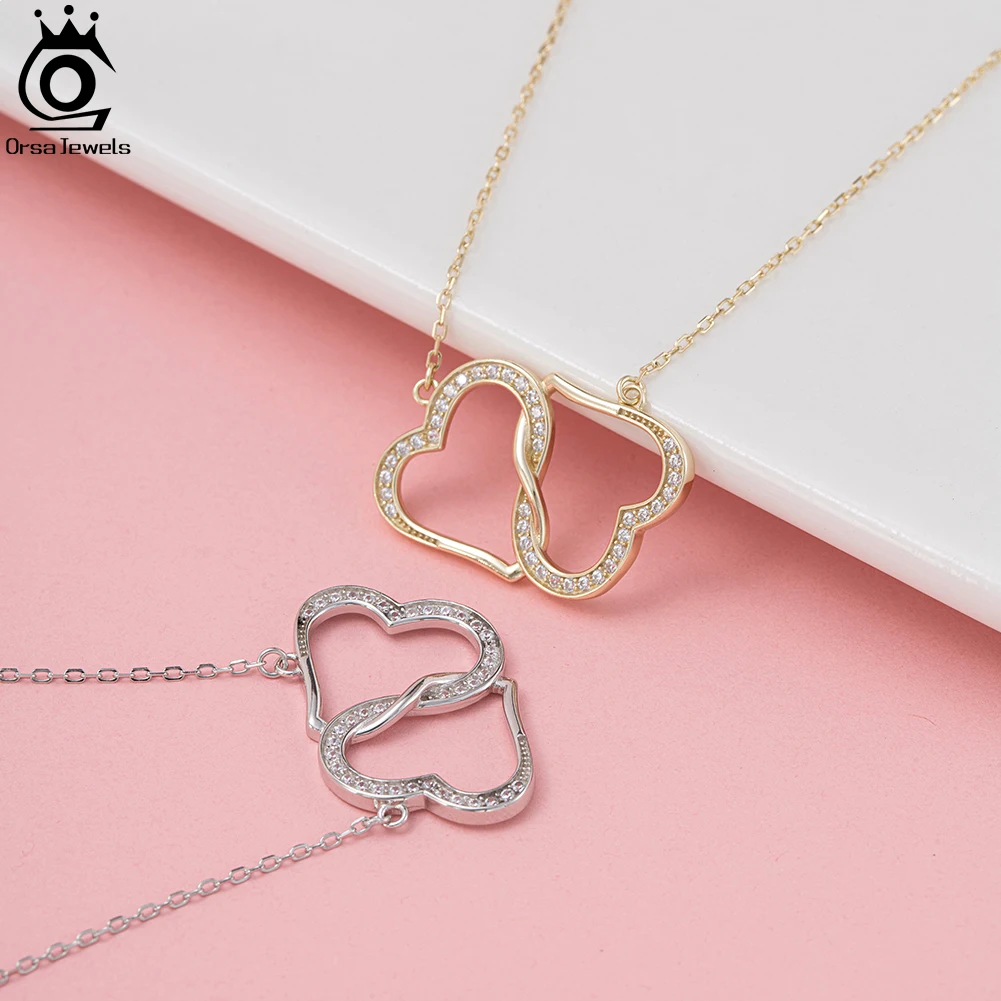 ORSA JEWELS 925 Sterling Silver Sparkling Double Heart Pendant Necklace Clavicle Chain for Women Valentine's Day Gift Jewelry