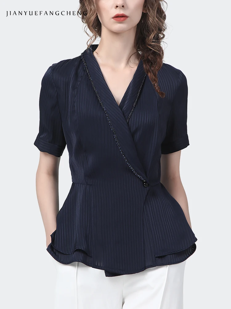 Fashion Women Spring Summer Short Sleeve Blue Stripes Shirt Beading Trims Slim Fit V-Neck Satin Top Streewear Casual Blouses