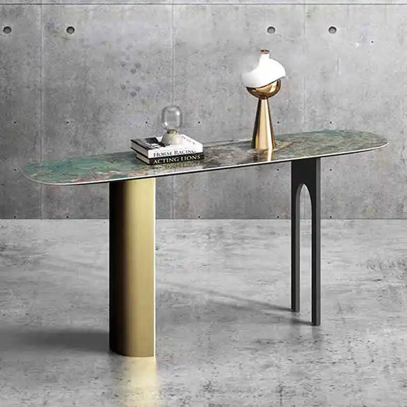 

Italian light luxury entrance cabinet high-end rock slab entrance table against the wall long case entry door stainless steel