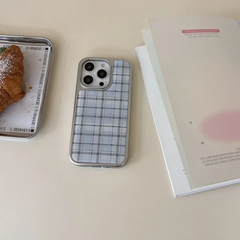 Korean Ins Epoxy Blue Plaid Pattern Anti-fall Creative Cute Phone Case For Samsung S 23 24 25 26 FE ULTRA EDGE PLUS Y2K Cover